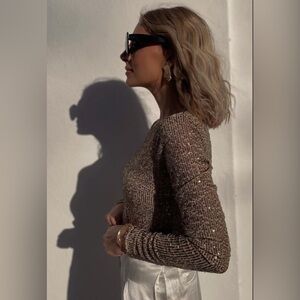 NWT Free People gold rush Shimmering Silver Sequin Blouse long sleeve size S